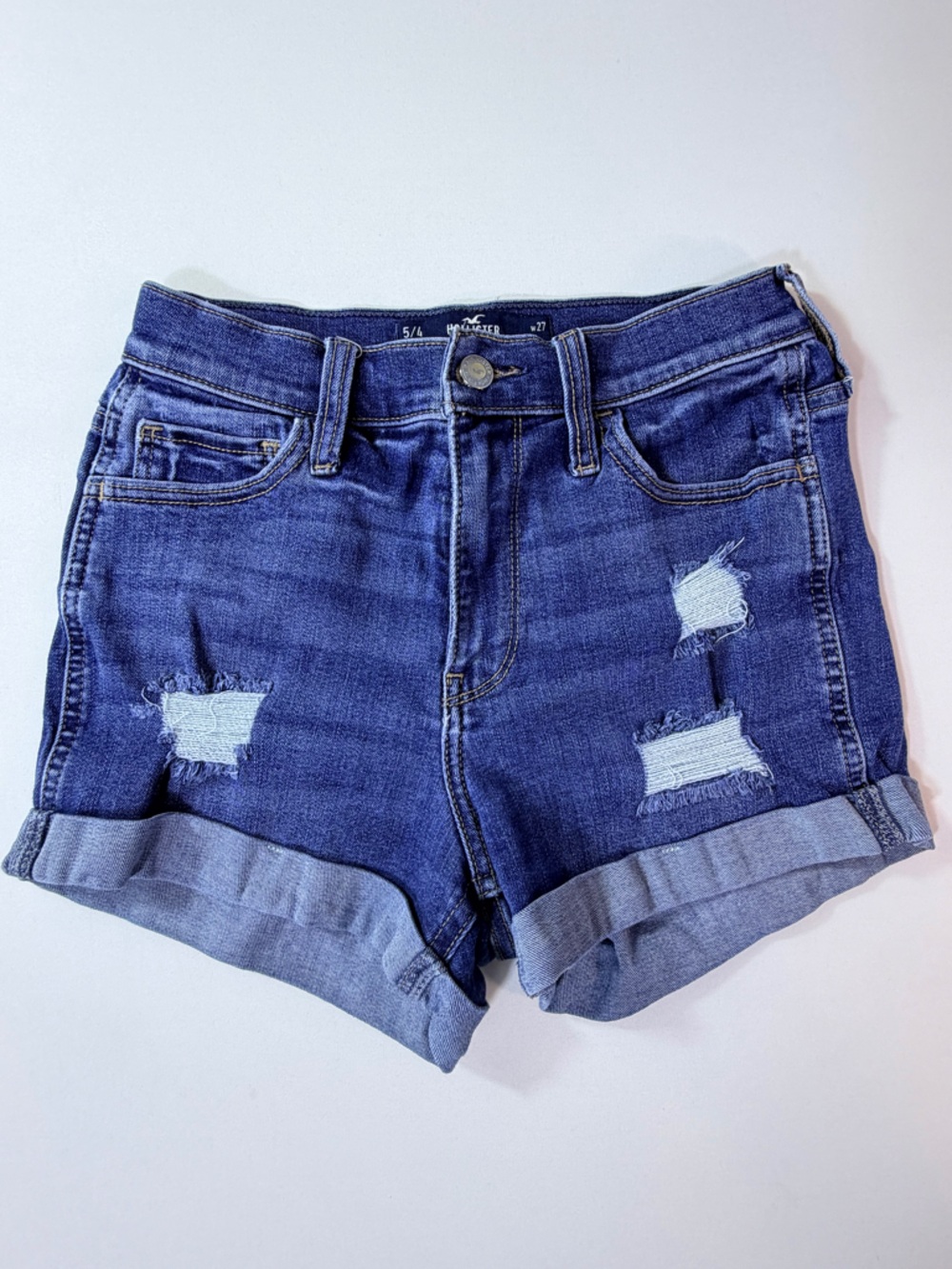 Hollister Distressed Cuffed Denim Shorts - Dark Blue Size 5 / 4 W27